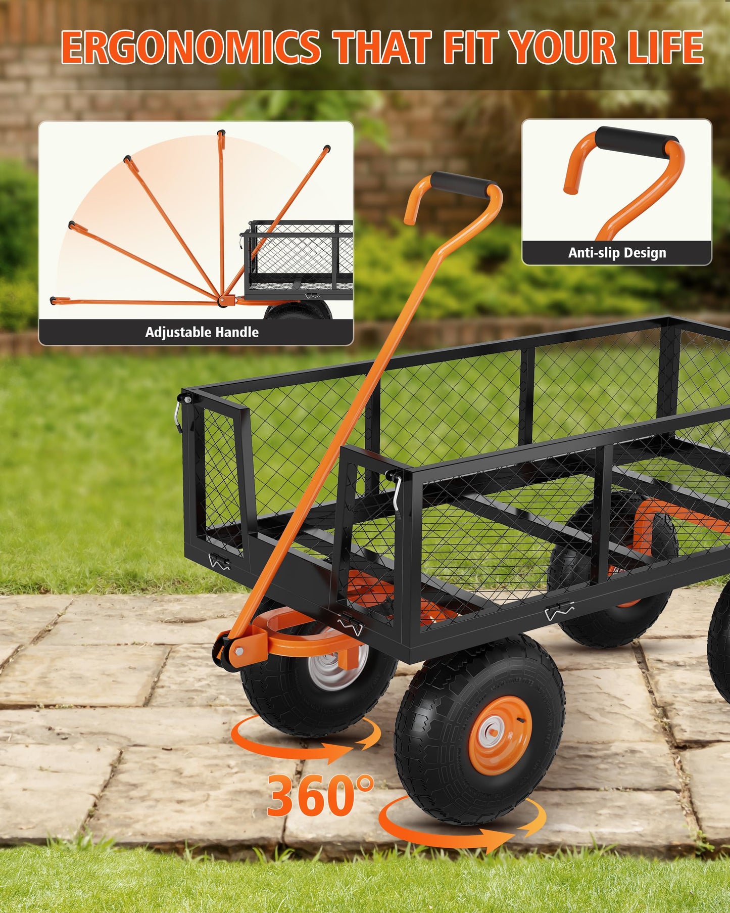 Garvee Steel Garden Cart, 500 LBS Capacity Utility Outdoor Wagon, Heavy Duty Mesh Garden Metal Wagon with Removable Sides, Flexible Handle and 10" Tires for Yard, Lawn, Garden