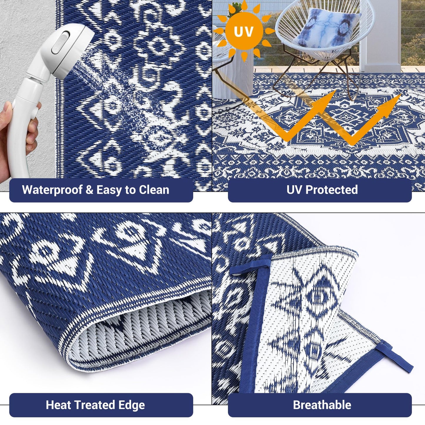 GarveeHome Large Outdoor Rug 9x18 Waterproof Reversible Mat Palm Retro Oriental Camping Rugs Indoor Outdoor Rugs Carpet Plastic Straw Rug for Patio Deck Balcony Pool RV Camping, Dark Blue and White