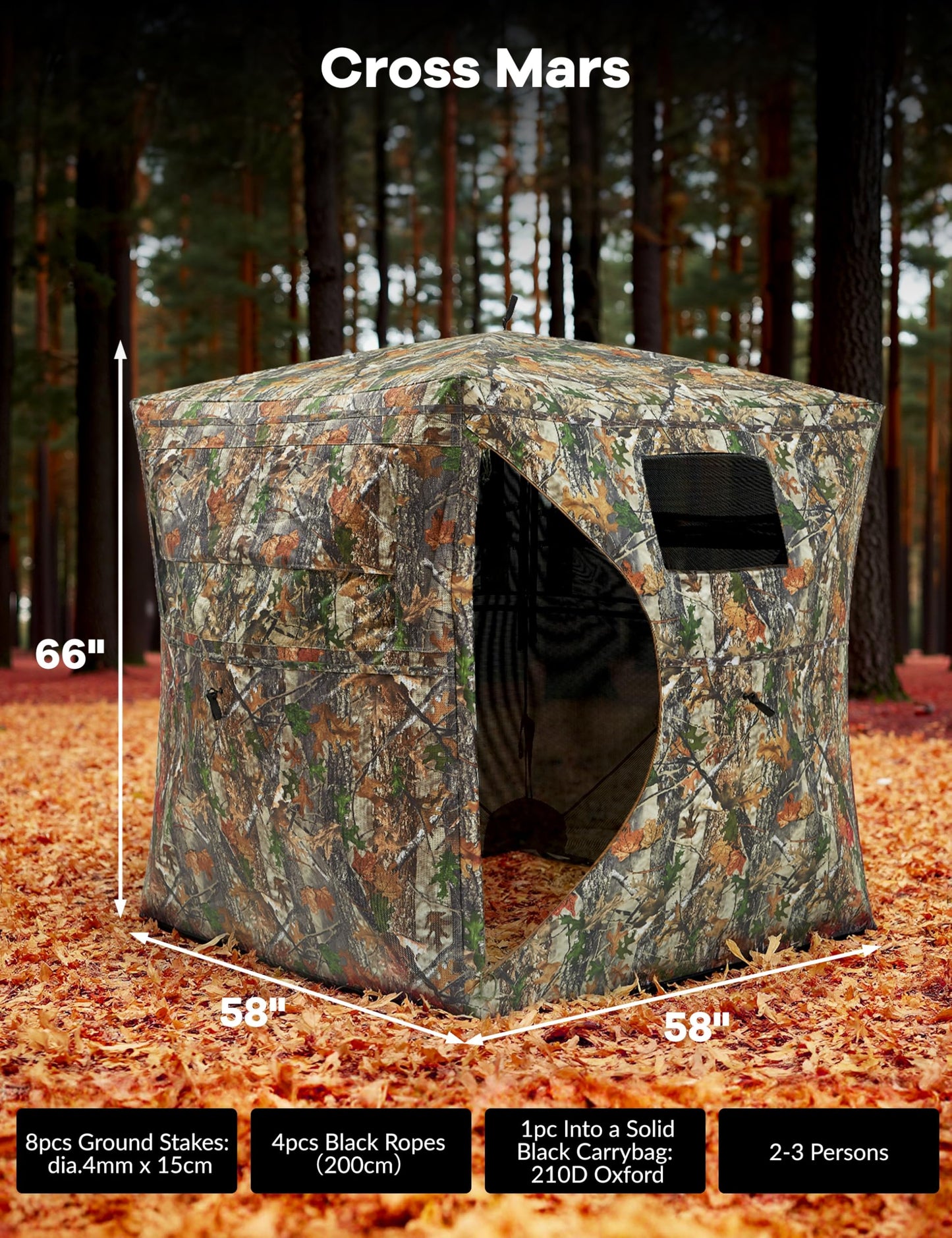 GarveeLife Portable Pop-Up Hunting Blind - 270° See-Through Windows & Silent Door, Waterproof Lightweight Camouflage Tent for Deer Turkey Hunting