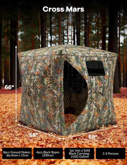 GarveeLife Portable Pop-Up Hunting Blind - 270° See-Through Windows & Silent Door, Waterproof Lightweight Camouflage Tent for Deer Turkey Hunting