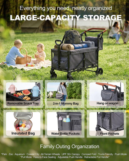 BudGlowey 2-in-1 Wagon Stroller for 2 Kids – Adjustable Push & Pull Handle All‑Terrain Wagon with Canopy, 5‑Point Harnesses, sanck Tray 2-in-1 Storage Bag, Lightweight, Compact – Grey