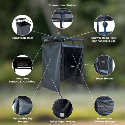 Kakadu Outback Shower Vehicle Tent, Camping Privacy Shelter, Bathroom Tent for Cars – with Roof, LED Light, BlockOut® Technology, Towel Rod, Storage System