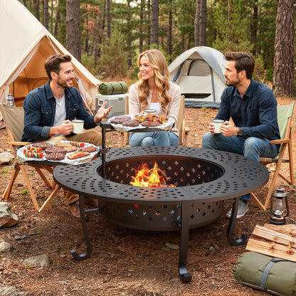 Outdoor Fire Pit, 48" Fire Pit for Outside Wood Burning with Adjustable 2 Grills, Firepit with Lid and Fire Poker, BBQ, Bonfire, Round Outdoor Fireplace 3 in 1 for Patio, Backyard, Garden, Camping