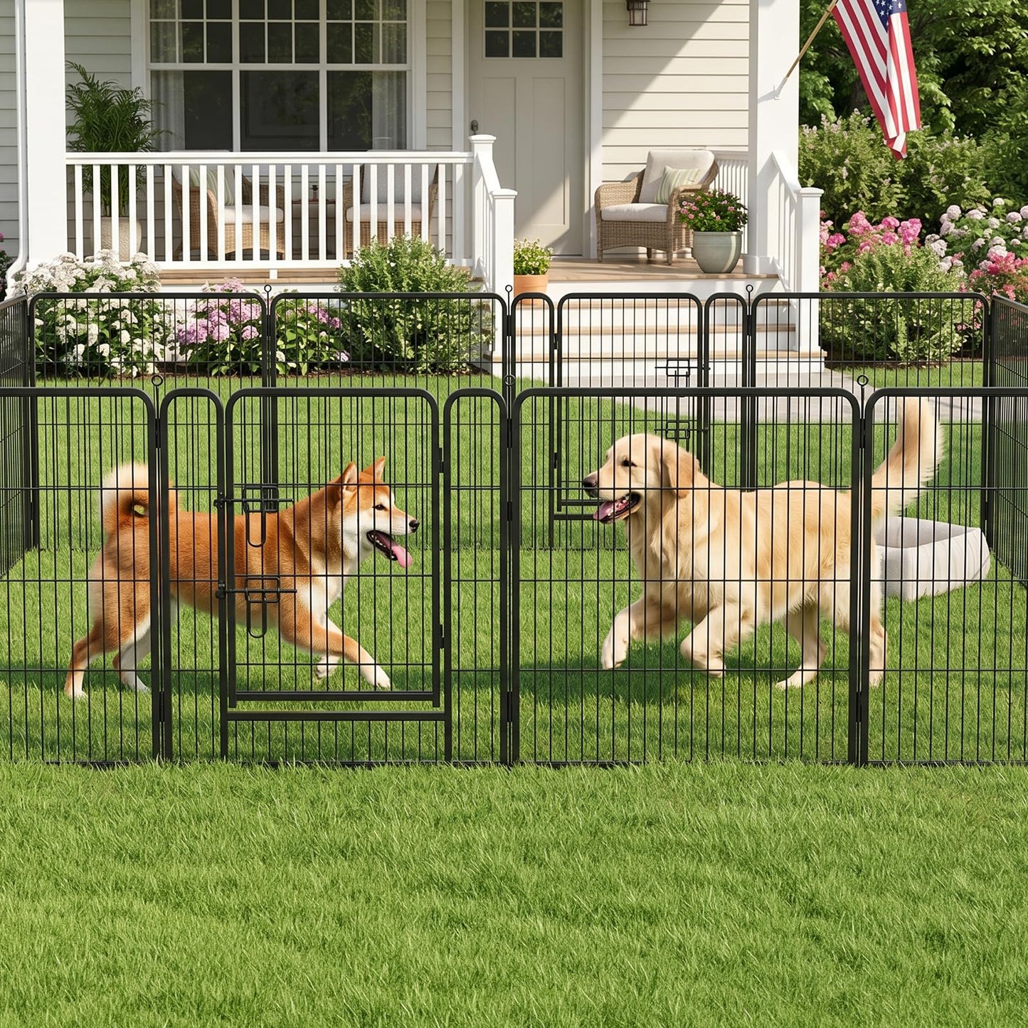 MAKE CHANGES Metal Dog Playpen - 32" Height 16 Panels Foldable Exercise Pen for Dogs Indoor/Outdoor Pen with Door for Pet Animals Portable Pet Playpen Polygon Dog Enclosure (Black)