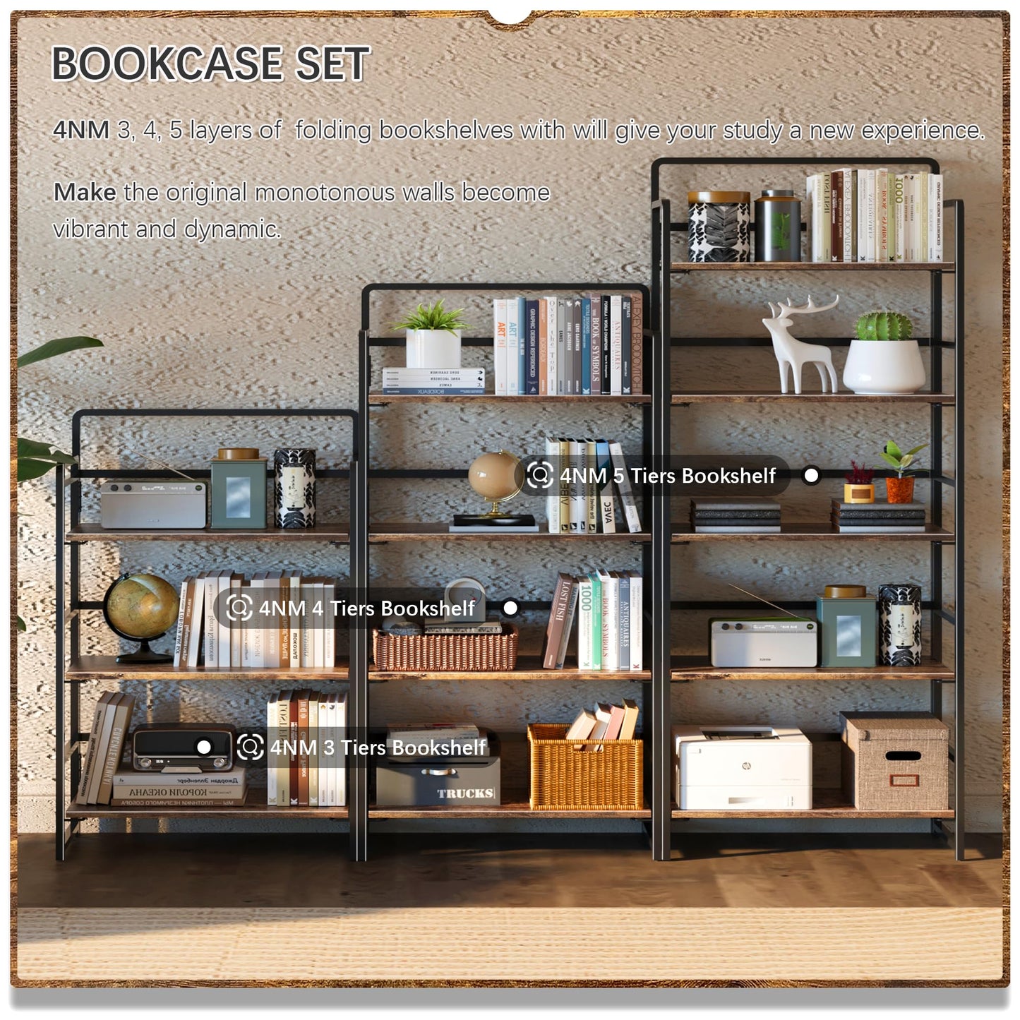 4NM No Assembly 5 Tiers Folding Bookshelf Storage Shelves Vintage Bookcase Standing Racks Study Organizer Home Office (Rustic Brown Black)