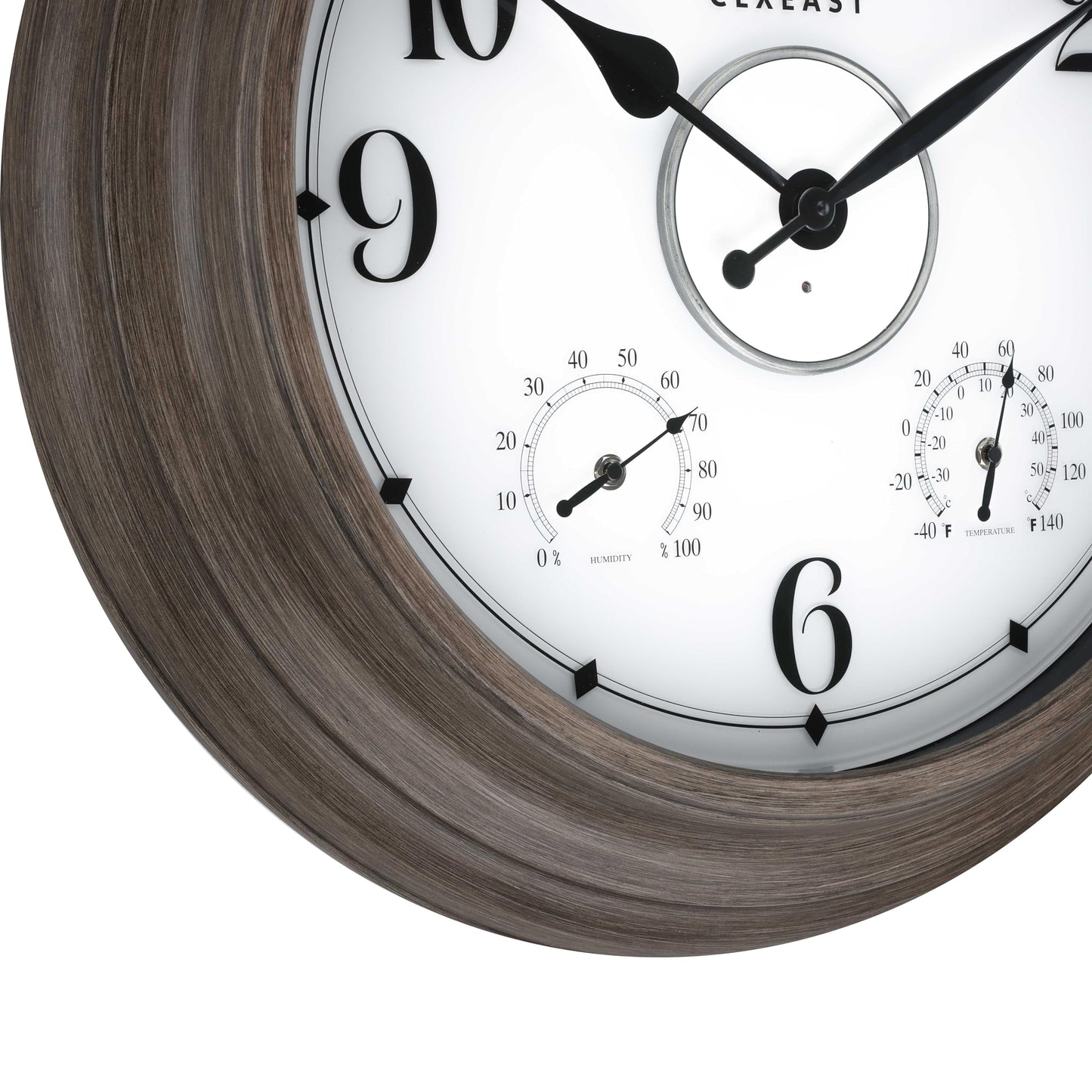 CLXEAST 24 Inch LED Illuminated Outdoor Clocks Waterproof with Thermometer & Hygrometer, Large Lighted Metal Wall Clock with Smart Night Light Sensor,Grey Oak Finish,House Warming Gifts New Home