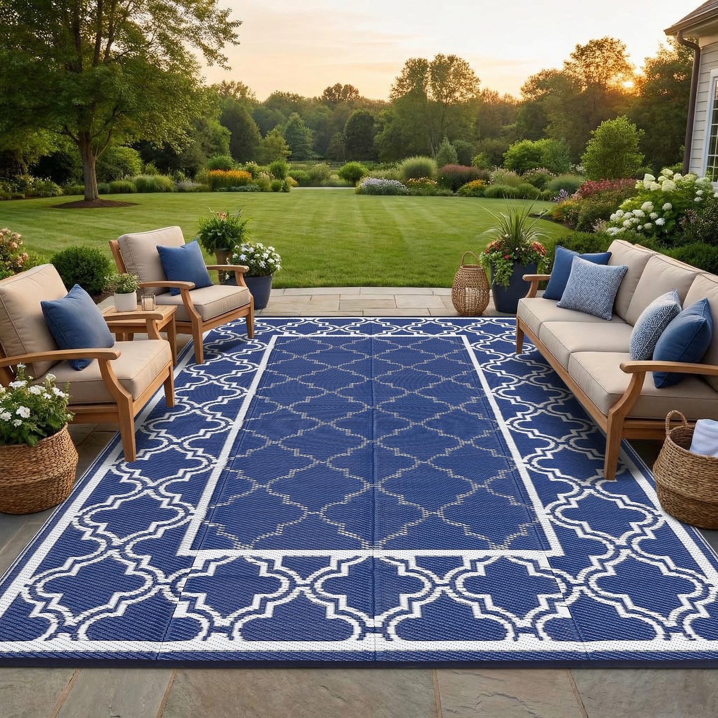 Garvee Reversible Outdoor Rug 10x14, Waterproof Outdoor Plastic Straw Rug with Interlacing Pattern, RV Mat for Picnics, Patio, Camping, Balcony, Deck, Backyard, Porch, Blue