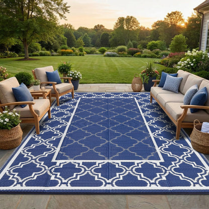 Garvee Reversible Outdoor Rug 10x14, Waterproof Outdoor Plastic Straw Rug with Interlacing Pattern, RV Mat for Picnics, Patio, Camping, Balcony, Deck, Backyard, Porch, Blue