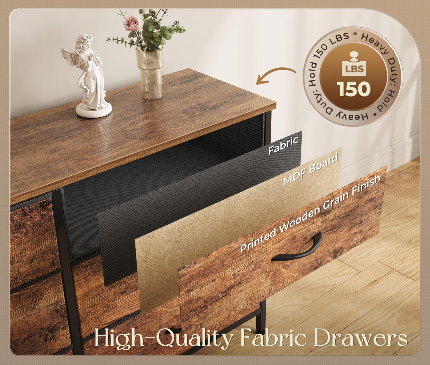Huuger 86.6 Inch Dresser for Bedroom, TV Stand for 65, 75, 85 Inch TV, 15 Fabric Drawer Long Dresser, Large Entertainment Center for Bedroom, Wide Chest of Drawer with Storage, Rustic Brown