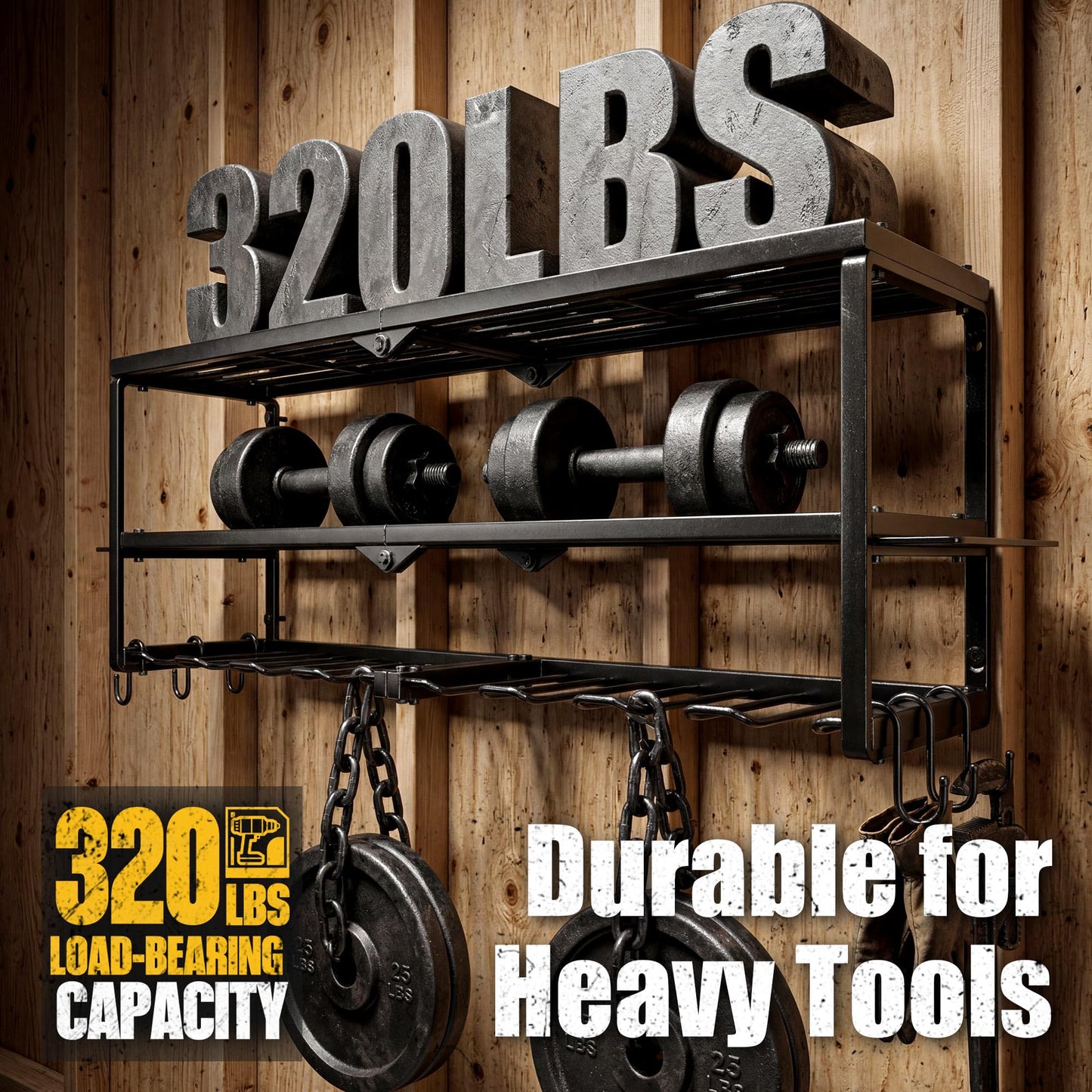 Amoowis Heavy Duty Power Tool Organizer for Wall Mount Garage Storage – 320 lbs Capacity, 3-Tier Iron Wire Rack with 8 Drill Slots, Shelf for Battery Charging Station – Gift for Fathers Day Handyman