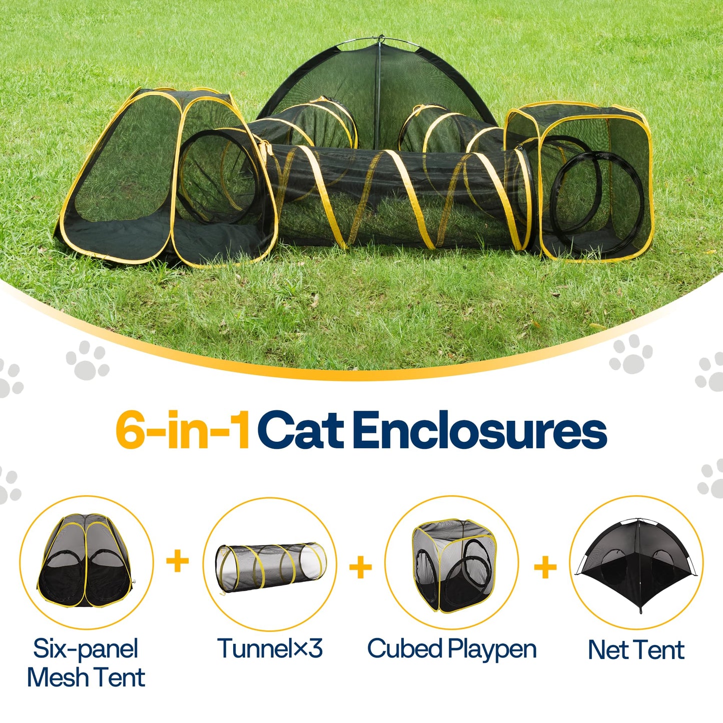 VIVOHOME 6-in-1 Outdoor Cat Enclosure with Playhouse, 2 Tents & 3 Tunnels - Portable Cat Playground with Leash and Mint Ball for Indoor/Outdoor Use, Yard Balcony Camping Safety