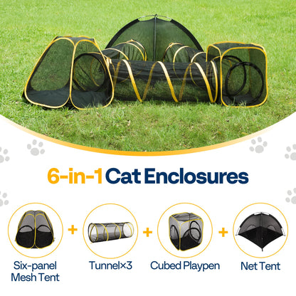VIVOHOME 6-in-1 Outdoor Cat Enclosure with Playhouse, 2 Tents & 3 Tunnels - Portable Cat Playground with Leash and Mint Ball for Indoor/Outdoor Use, Yard Balcony Camping Safety