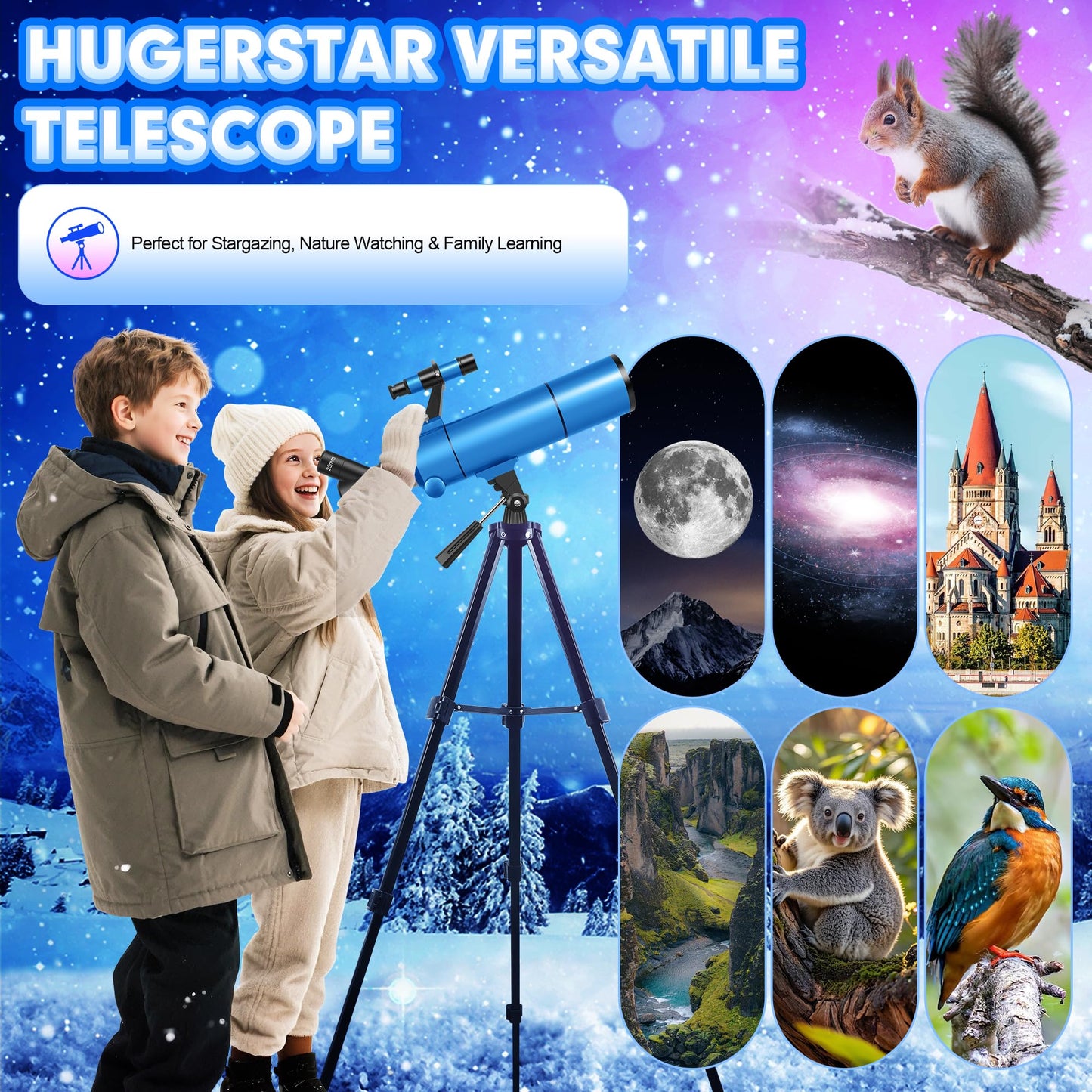 HUGERSTAR Telescope for Adults & Kids, 80mm Aperture 500mm (20X-150X) Professional Refractor Telescope for Astronomy Beginners, Portable Travel Telescopes with Tripod Phone Adapter, Stickers, Backpack