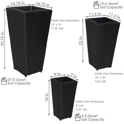 Sunnydaze Square Tall Wicker Outdoor Planter Set of 3 - Polyrattan Large Outdoor Planters for Porch, Patio or Garden - 9", 11.5", 14.75" Tall Plant Pots - Black
