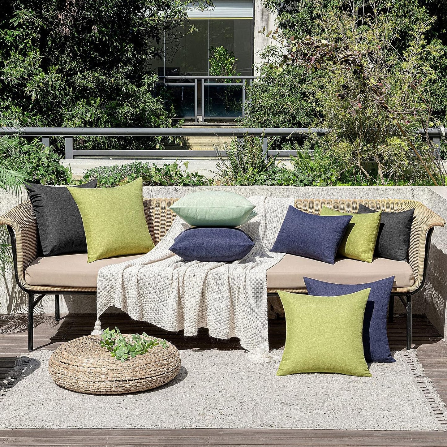 MIULEE Decorative Outdoor Throw Pillow Covers - Waterproof Faux Linen Cushion Cases | 22x22 Inch Navy, Set of 2