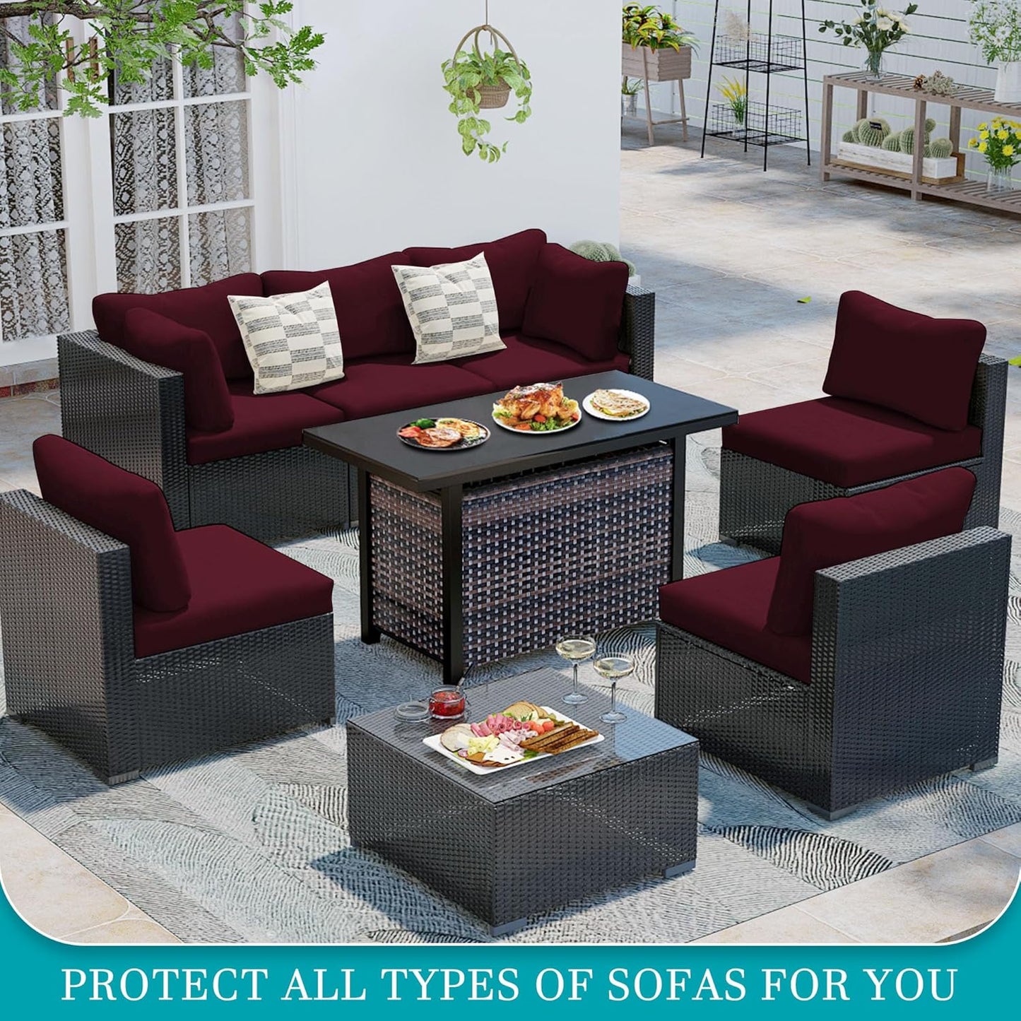Skiennix 14 Pcs Stretch Patio Cushion Covers - Washable & Reusable Outdoor Sofa Slipcovers | Wine Red