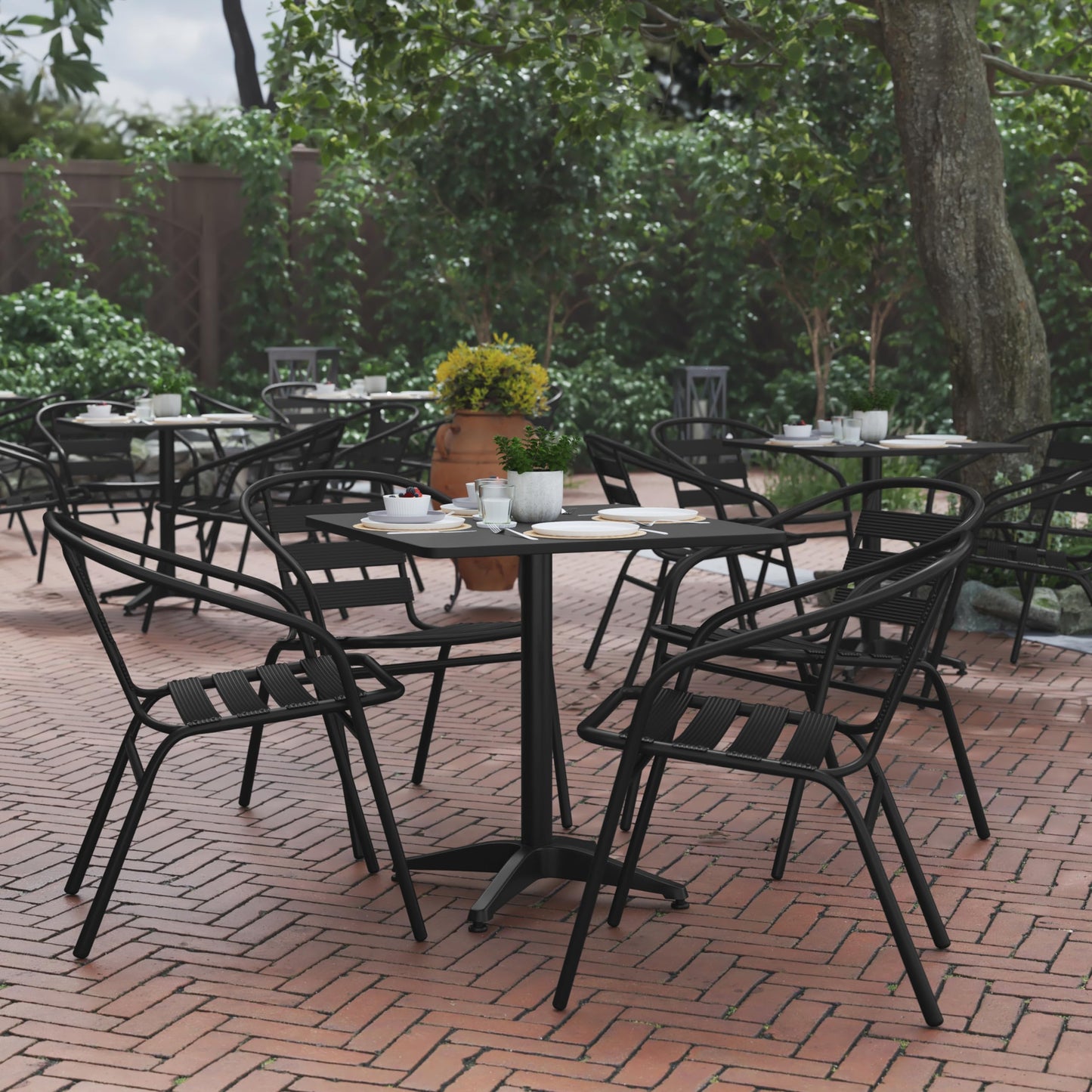 Flash Furniture TLH-ALUM-28SQ-017BK4-GG Lila 27.5'' Square Aluminum Indoor-Outdoor Table Set with 4 Slat Back Chairs, Black