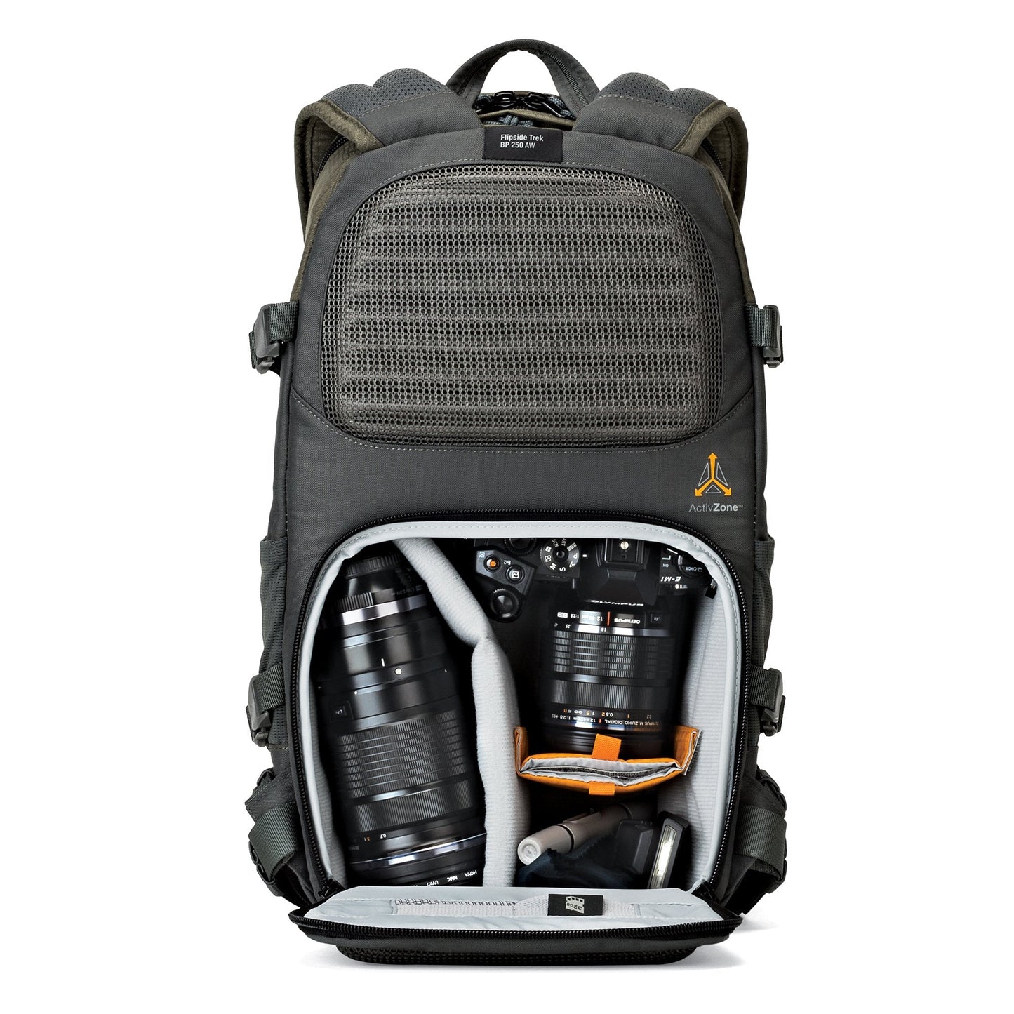 Lowepro LP37014-PWW, Flipside Trek BP 250 AW Backpack for Camera with ActiveZone Suspension System, Tablet Compartment, Grey/Dark Green