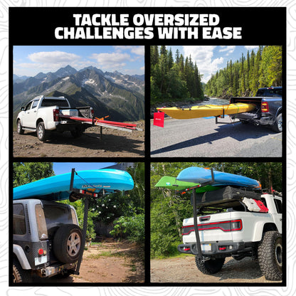 Mockins 750 Lbs Cap Truck Bed Extender Hitch Mount | 2-in-1 All-Weather Steel Canoe Rack & Kayak Trailer with Stabilizer & Straps | Versatile Truck Bed Hitch Extender for Ladders, Pipes, Lumber & More