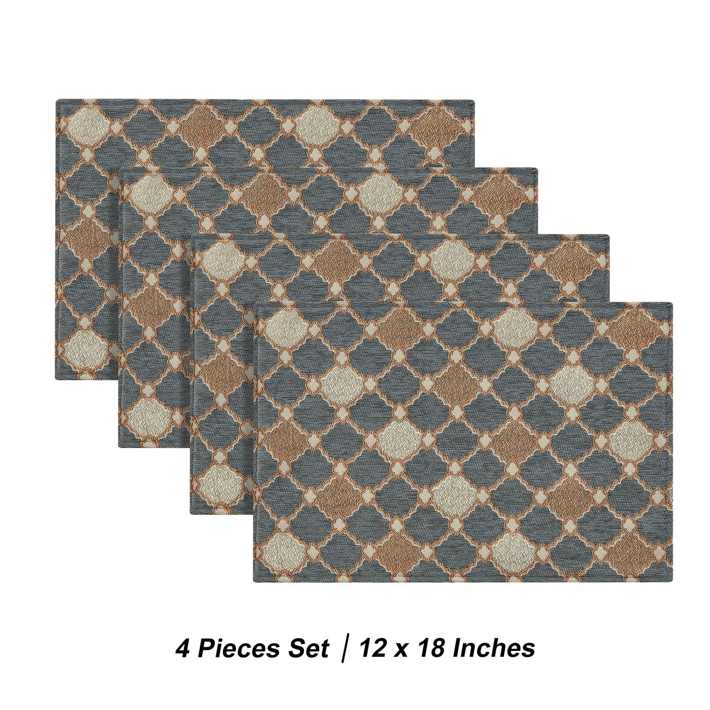 Loom and Mill Elegant Chenille Placemats Set of 4, Chic Checkered Pattern Jacquard Table Place Mats for Dining Table Kitchen Decor, Double Layer Dining Table Mats (Blue-Grey+Khaki+Beige, 12x18 inch)