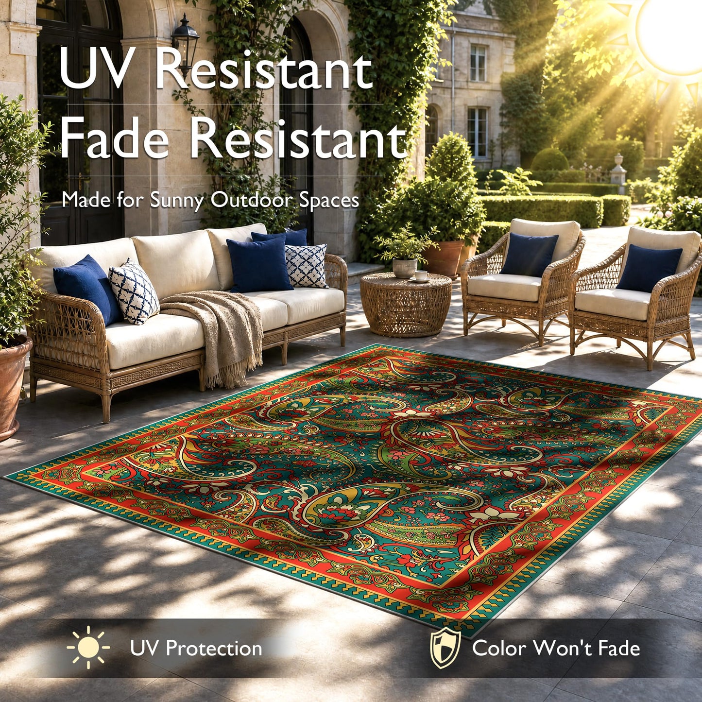 Arenarug Paisley Outdoor Rug Waterproof 6x9, UV Resistant Non Slip Patio Rug, Indoor Outdoor Boho Camping Rug Linen-Look RV Carpet for Deck Balcony Backyard, Terracotta