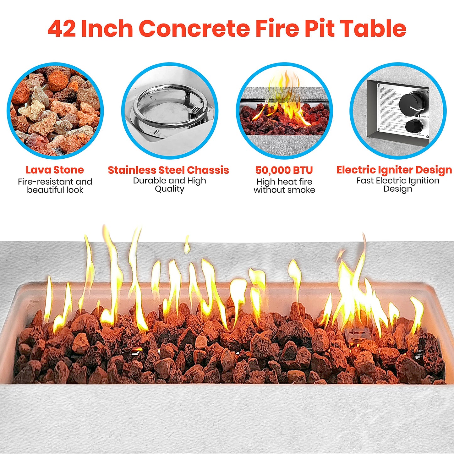 SereneLife Concrete Outdoor Propane Fire Pit Table, 50,000 BTU Square Gas Fire Table with Adjustable Flame, Lava Rocks, Weather-Resistant Design, and Protective Cover for Patio, Deck, or Backyard