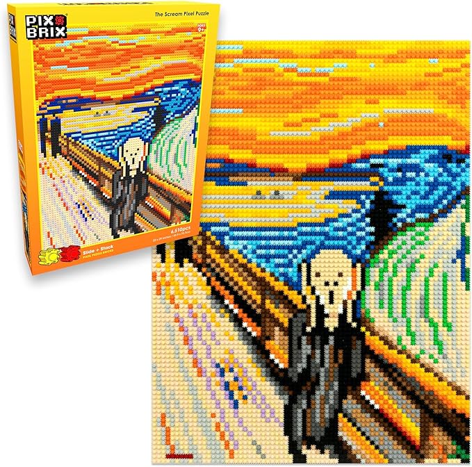 Pix Brix Pixel Art Puzzle Bricks - Pixel Puzzle of The Scream by Edvard Munch 6510 Pieces - Patented Colorful Slide + Stack Building Bricks to Recreate This Famous Painting Builds Without Glue
