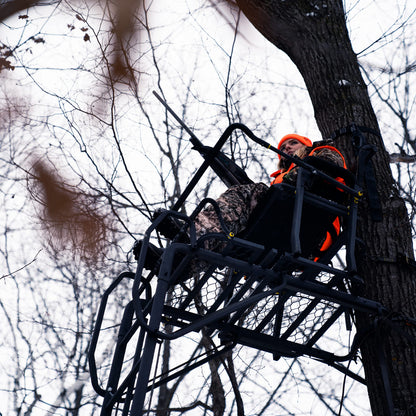 Rivers Edge® Lockdown™ 21' Wide, Towering 21' Height, Flip-Up TearTuff™ Mesh Seat, The Ultimate Shooting Rail™, Patent-Pending Ground-Level Ratcheting Technology™, LD200
