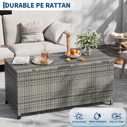 125 Gallon Outdoor Wicker Deck Box, All-Weather Waterproof Patio Storage with PE Rattan Finish & Steel Frame, for Cushions, Garden Tools, Pool Supplies, Lockable Gray Storage Box with Soft-Close Lid