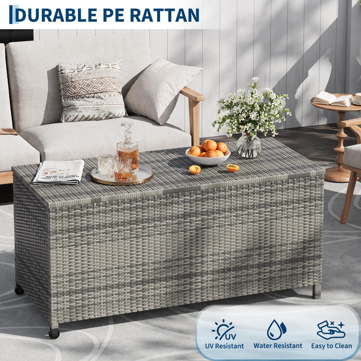 125 Gallon Outdoor Deck Box with Wheels, Waterproof PE Wicker Rattan & Aluminum Frame Storage Bin for Patio Cushions, Garden Tools, Pool Toys, Lockable Patio Furniture(Gray)