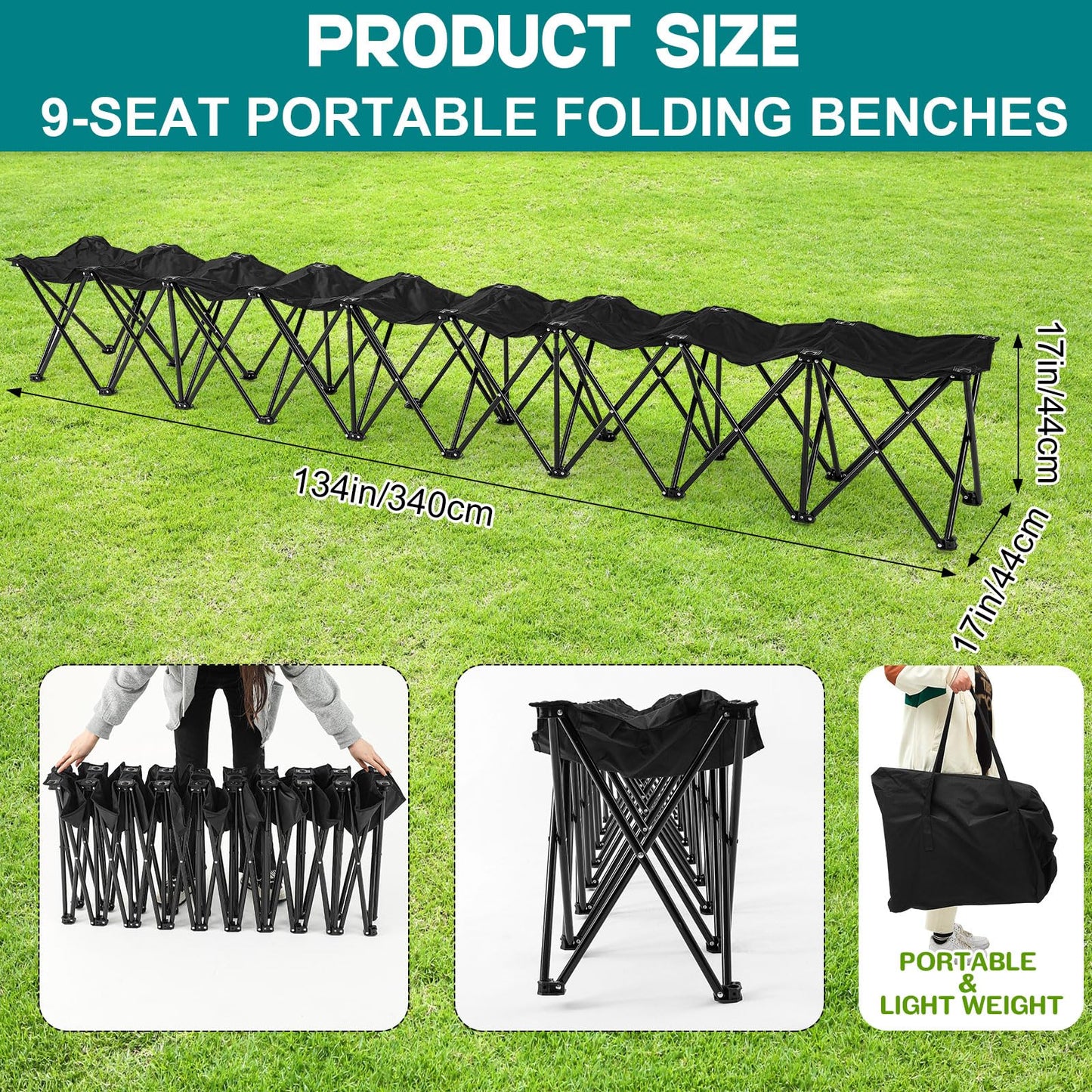 GlikCeil 9 Seats Black Folding Soccer Team Bench Seat Portable Sports Team Bench Unfolded Sideline Chair Playing Field Bleachers for Football Outdoor Sports Events with Storage Bag, No Assembly