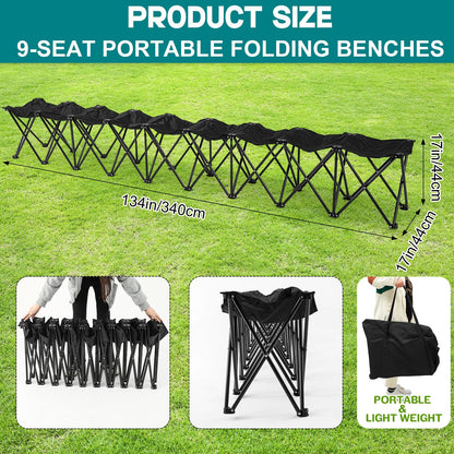 GlikCeil 9 Seats Black Folding Soccer Team Bench Seat Portable Sports Team Bench Unfolded Sideline Chair Playing Field Bleachers for Football Outdoor Sports Events with Storage Bag, No Assembly