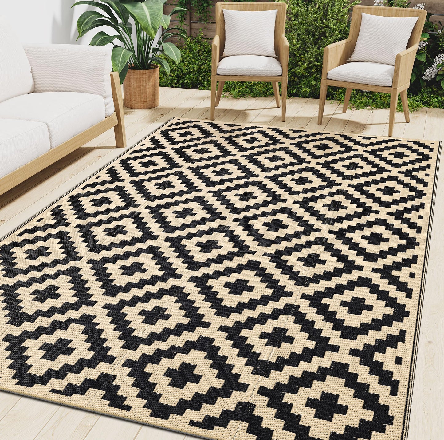 Smiry Waterproof Outdoor Rug 9X18 ft, Reversible Plastic Straw Patio Camping Rugs, Outdoor Indoor RV Mat Carpet for Patio, Outside Entry, Backyard, Deck, Bench, Picnic, Camper, Black & Beige