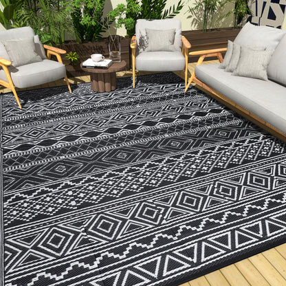 COZYLOOM Outdoor Rug 10' x 20' Waterproof for Patios Clearance, Reversible Outdoor Plastic Straw Camping Rug Carpet, Large Rugs Mats for RV, Camper, Deck, Balcony, Porch, Beach, Picnic,Black & White