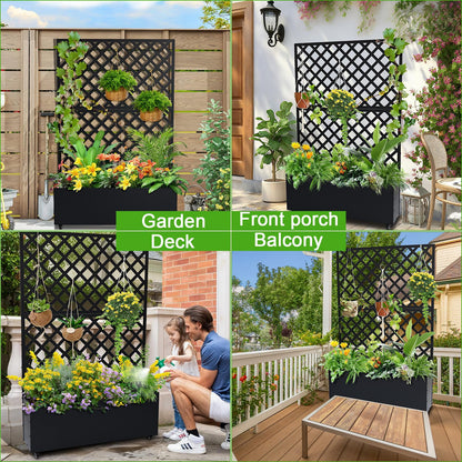 SierraSquad 70.9" x 46.5" x 11.8" Metal Raised Garden Bed with Trellis – Galvanized Planter Box with Drainage Holes & Privacy Screen for Patio, Balcony, Outdoor – Black