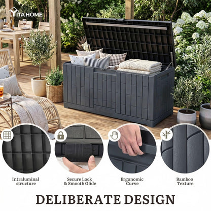 YITAHOME 120 Gallon Large Deck Box, 53"L x 22.7"W x 25.5"H Resin Outdoor Storage Box with Slide-Locking Black Lid for Patio Cushions, Garden Tools, Pool Supplies, Easy Assembly, Waterproof, Dark Gray
