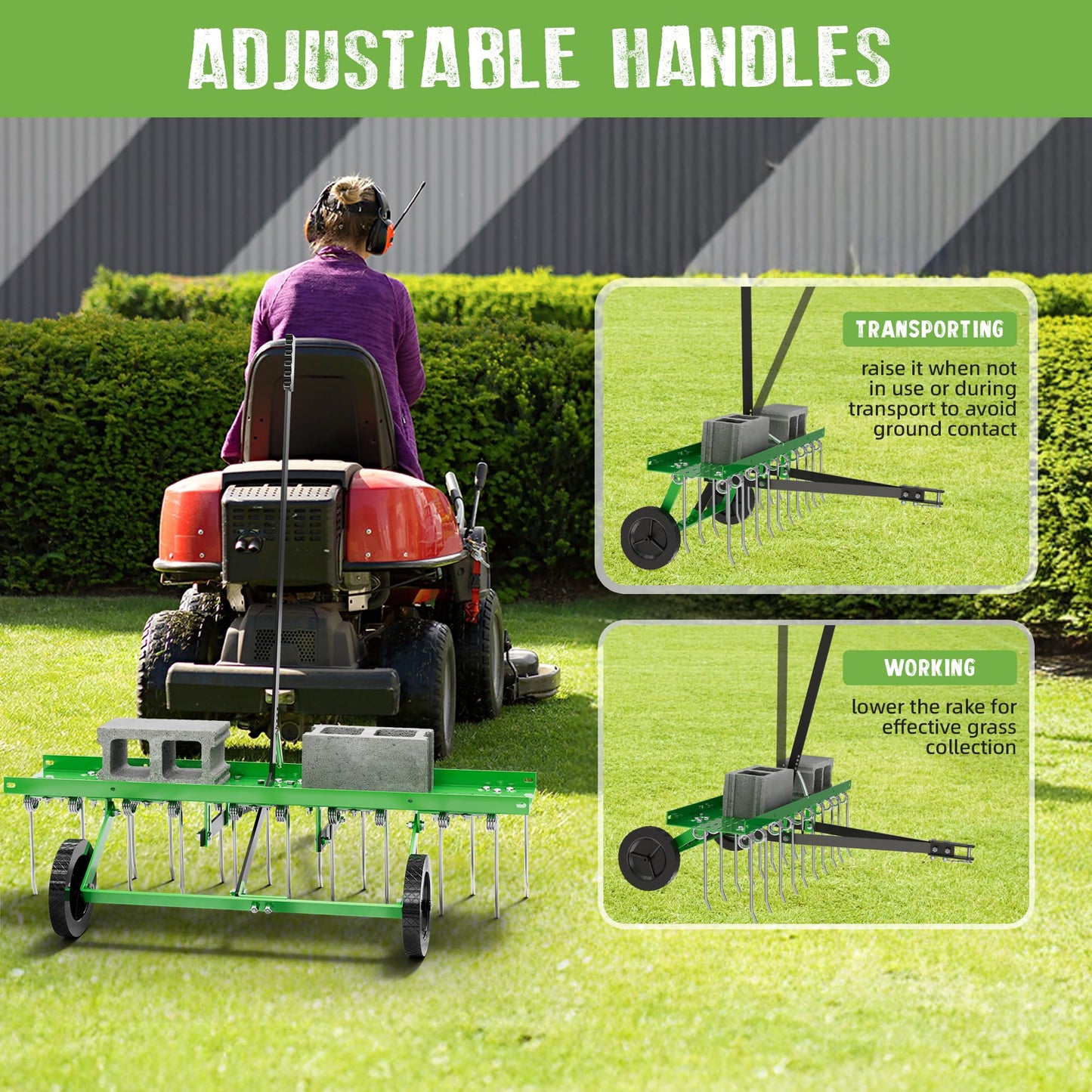 PPOLB 40" Tow-Behind Dethatcher with 20 Spring Steel Tines, Pull Behind Lawn Tractor Mower Grass Rake for Yard, Garden, and Farm Care – Removes Thatch, Leaves, and Pine Needles-Green