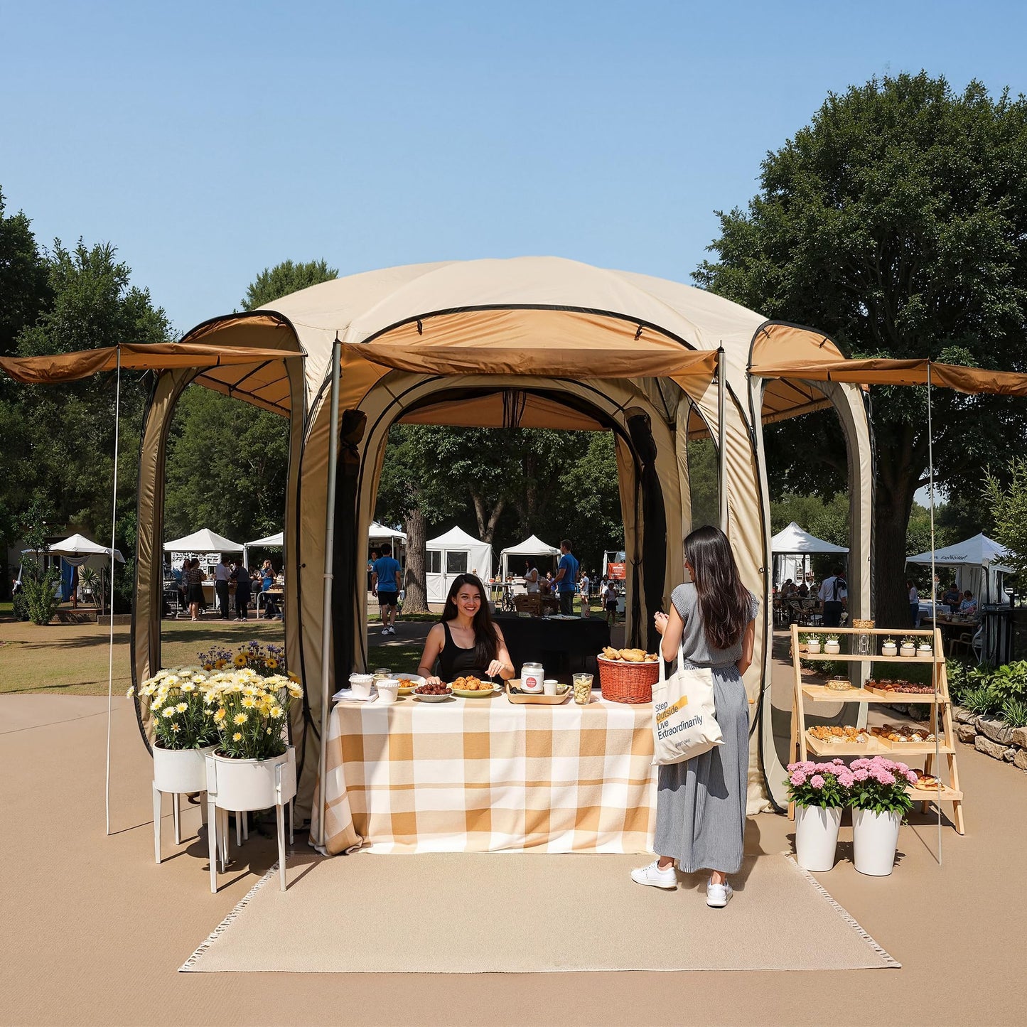 East Oak 6×6 FT Pop Up Canopy Tent with Mesh | Outdoor Screen House with 4 Sunshades | Instant Canopy with Portable Carry Bag | Gazebo Tent for Camping, Patio, and Beach | Beige
