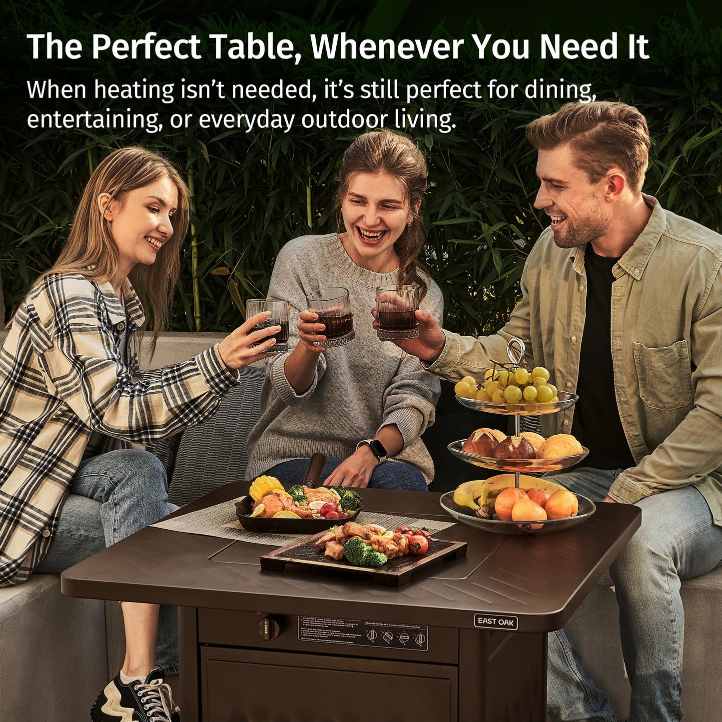 East Oak 28'' Propane Fire Pit Table, 50,000 BTU Steel Gas FirePit for Outdoor, Outside Patio Deck and Garden, CSA Certified Fire Table with Magnetic Lid, Cover-Storage Basket and Lava Rock, Brown