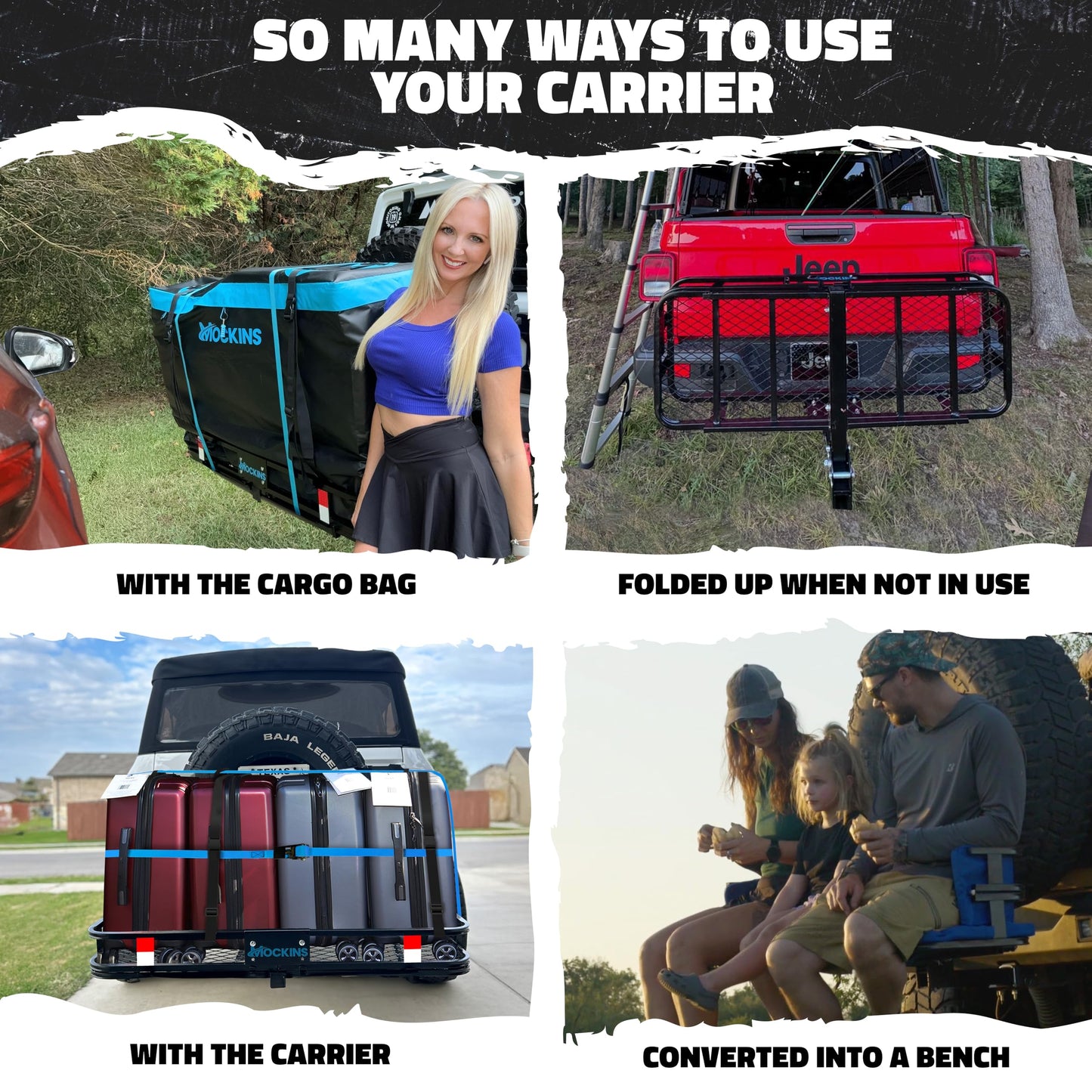 Mockins 2-in-1 Trailer Hitch Cargo Carrier Bench 48"x18"x6" w/ 15 CuFt Waterproof Truck Bed Storage Bag | 500 Lb Capacity Folding Cargo Hitch Carrier Tailgate Seat Bundle w/Stabilizer, Straps, & Lock