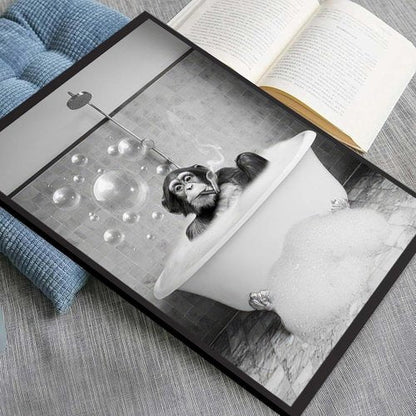 Framed Chimpanzee Wall Art - Fun Black and White Monkey Canvas Decor | 8x10 Inches for Bathroom or Man Cave