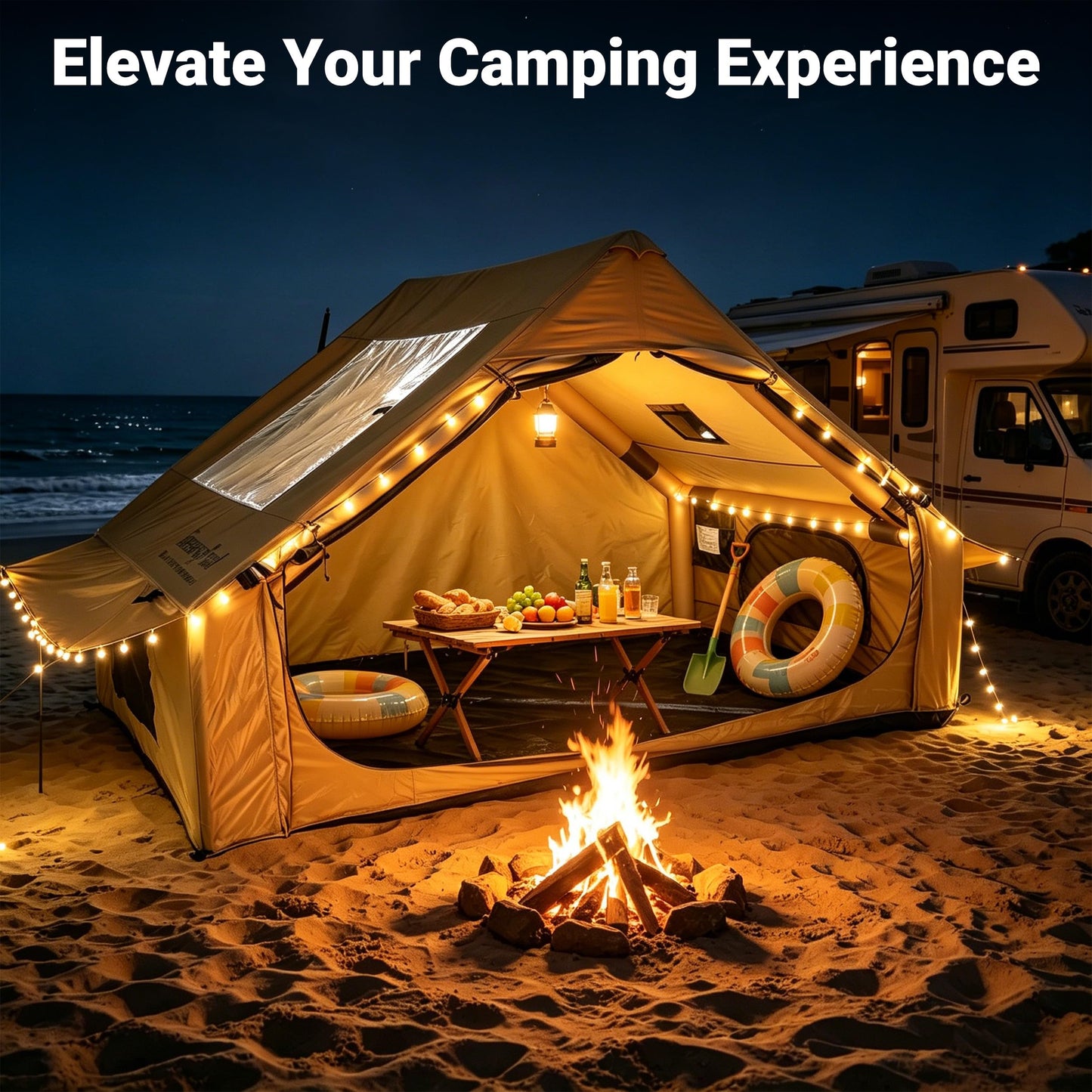 Inflatable Glamping Camping Tent 4-6 Person, 5 Min Quick Setup Tent with Pump, Waterproof Windproof Heavy Duty Oxford, Panoramic Skylight, 4 Season Family Outdoor Shelter