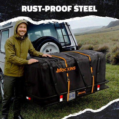 Mockins 60"x24"x6" XL Heavy Duty Trailer Hitch Cargo Carrier | 500 Lbs Cap Folding Luggage Rack for SUV Car & Truck | All-Weather Steel Hitch Rack Cargo Carrier w/License Plate Bracket & Accessories