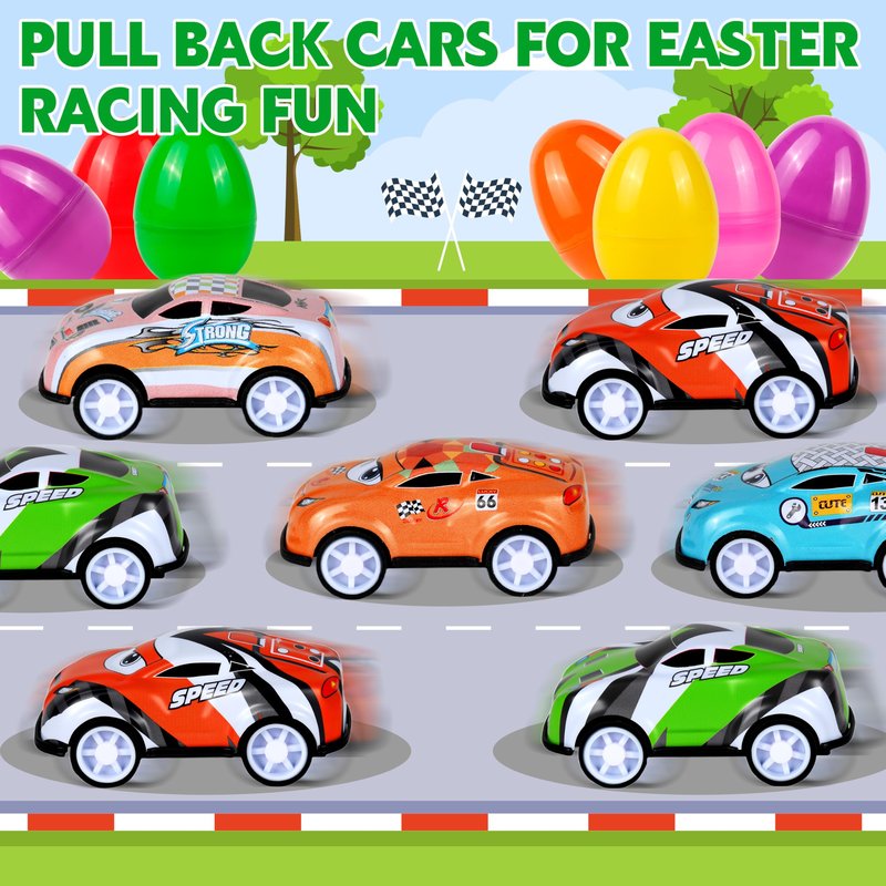 Seifar 48 Pack Prefilled Easter Eggs Filled with Pull Back Cars, Eggs with Racing Vehicle Inside, Easter Hunt Basket Stuffers Party Favors Classroom Prizes Gift for Kids Girls Boys