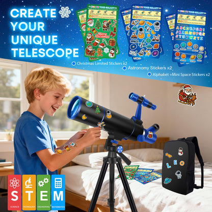 Hawkko Telescope for Adults & Kids Beginners, 80mm Aperture 500mm Telescopes for Adults Astronomy, (20X-150X) Portable Refractor Telescope Kit with Decorate Stickers, Backpack, Phone Adapter-BlackBlue