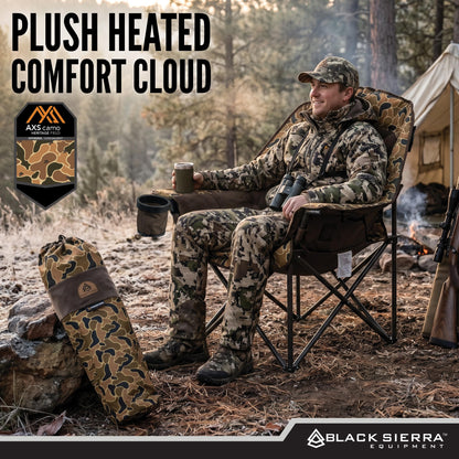 Black Sierra Heated Plush Fleece XL Padded Camping Chair for Adults, Oversized Heavy Duty Folding Seat with 3‑Level Heat & Battery Pack, Supports 400 lbs, Cup Holders & Carry Bag for Camping & RV