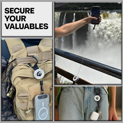ClutchLoop Anti-Theft Phone Tether - Universal Adhesive Anchor, Retractable Steel Line and Locking Carabiner (White)