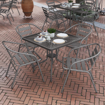 Flash Furniture TLH-0732SQ-017CSV4-GG Lila 31.5'' Square Glass Table with 4 Metal Aluminum Slat Stack Chairs, Silver