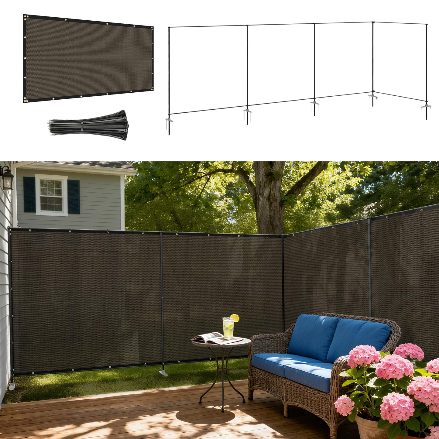 Windscreen4less Outdoor Privacy Fence Screen, 5'x24' Freestanding Privacy Fencing Set with Iron Poles and Ground Spikes, UV Resistant Mesh Cover Garden Pet Fencing for Backyard Patio Pool, Brown