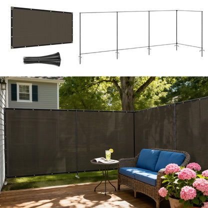 Windscreen4less Outdoor Privacy Fence Screen, 5'x24' Freestanding Privacy Fencing Set with Iron Poles and Ground Spikes, UV Resistant Mesh Cover Garden Pet Fencing for Backyard Patio Pool, Brown